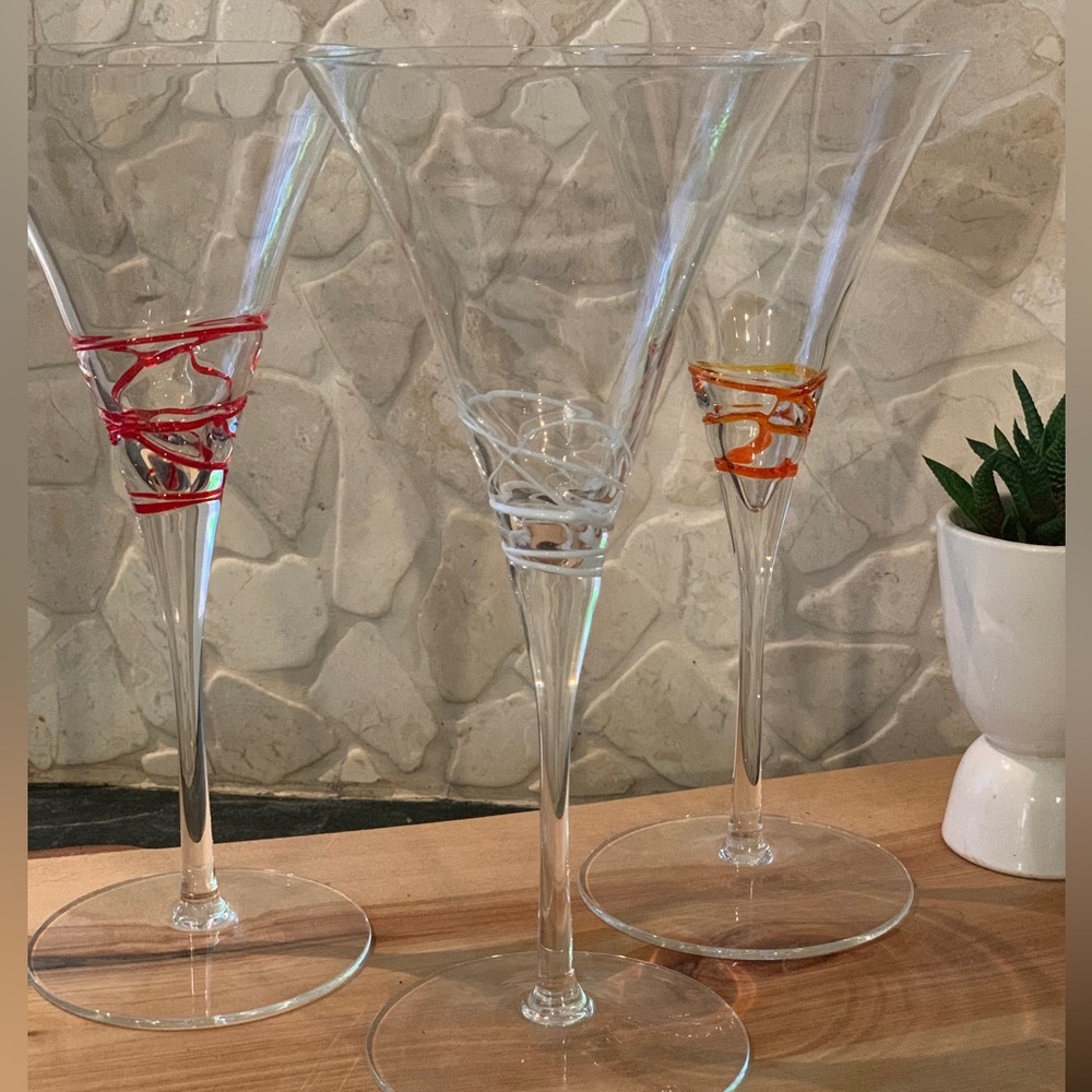 Set of 3 | Flared Glass Goblets With Fused Glass Trim